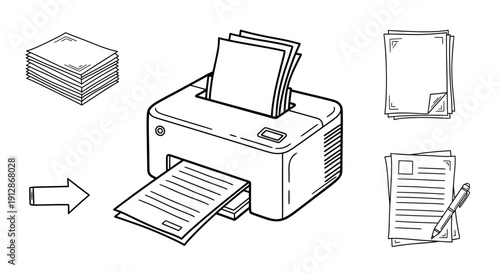 Illustration of a printer with paper piles for office tasks and printing solutions