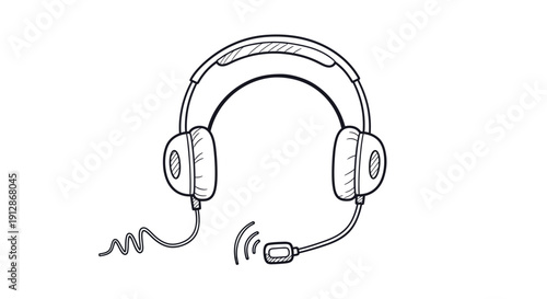 Detailed Black and White Line Drawing of a Headset with Microphone for Communication