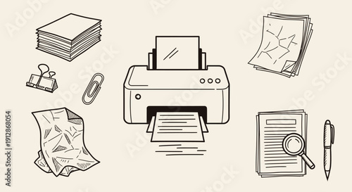 Hand drawn vector illustration of printer and office supplies with monochrome style
