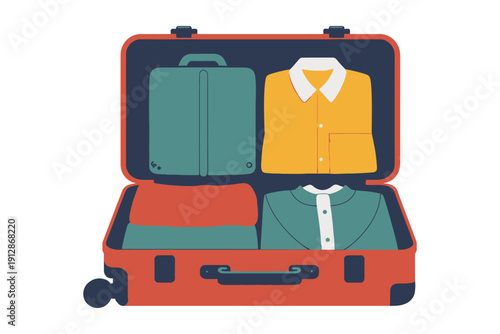 Open red suitcase neatly packed with folded yellow and green shirts for.