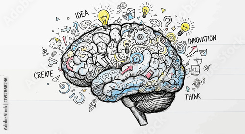 Creative thinking concept illustration showcasing human brain with idea generation elements