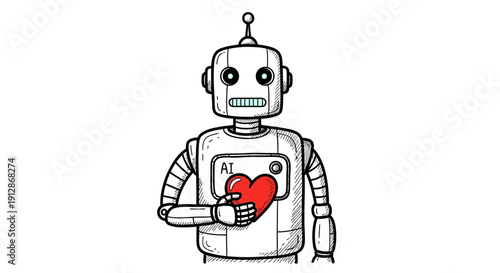 Artificial intelligence robot holding a red heart symbol, portraying love and emotion in