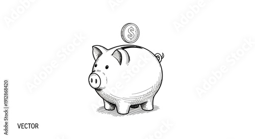 Hand Drawn Piggy Bank with Coin, Saving and Financial Security Concept Illustration