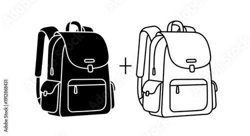 Two backpacks, one black and one brown, with a plus sign between them. Vector