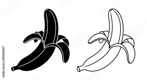 Two black and white banana illustrations, clipart, vector, line art, drawing, sketch Vector