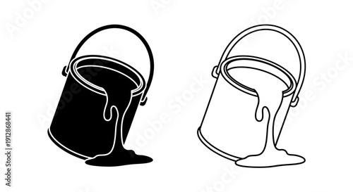 Two paint buckets: one black, one white. minimalist line art. vector illustration. Vector