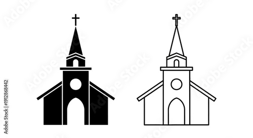 Church architecture icon design: minimalist black and white church building symbols Vector