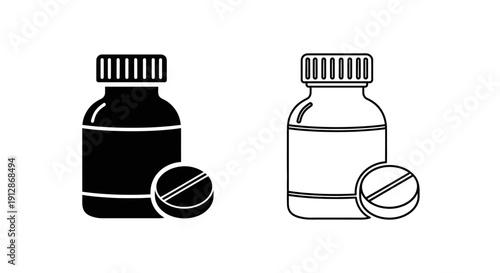 Two medicine bottles with pills, medical icon, health care symbol, pill bottle illustration Vector