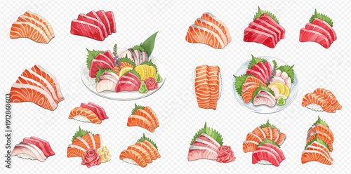 Watercolor illustration set of fresh salmon and tuna sashimi pieces with ginger and wasabi, traditional Japanese cuisine.