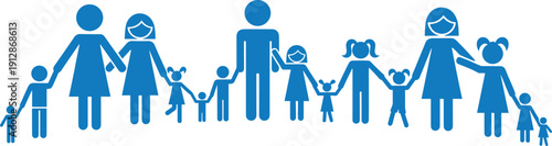 Happy family silhouettes holding hands, parents and children together, parenting concept illustration, family unity support, blue icon design