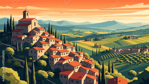 Scenic tuscan village with rolling hills and cypress trees in flat design