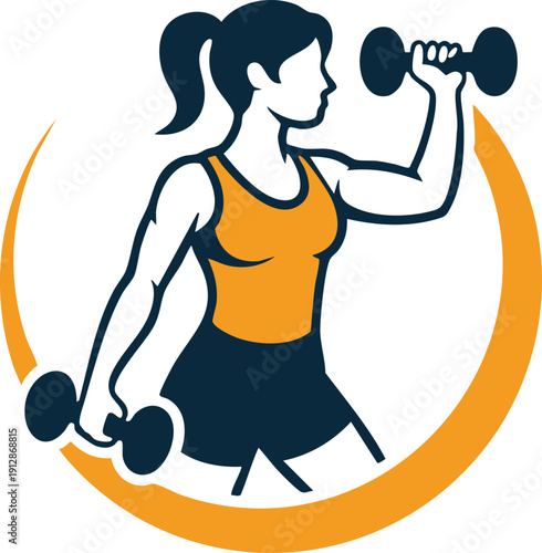 Stylized Vector of a Woman Training with Dumbbells, Modern Fitness Logo: Athletic Woman in Motion, vector, illustration, silhouette