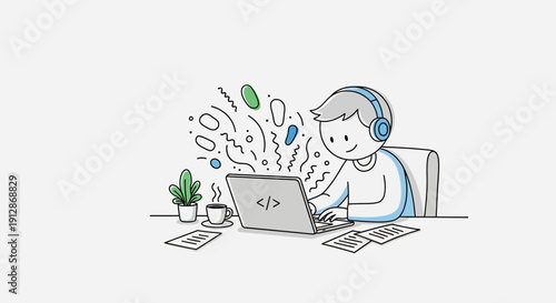 Creative programmer enjoying music and coding on his laptop at his desk illustration
