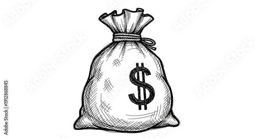 Sketch illustration of a money bag with a dollar sign, representing financial wealth