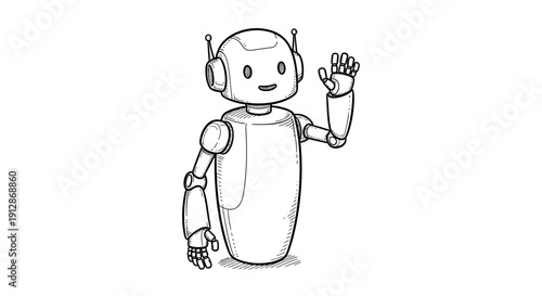 Friendly hand-drawn robot waving hello perfect for technology and artificial intelligence related