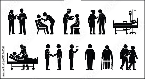 Medical and healthcare silhouettes set, doctors nurses patients hospital icons collection, black human figures isolated illustration