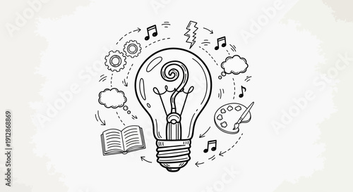 Conceptual illustration of a light bulb with creative elements representing innovation and
