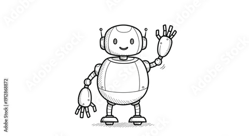 Charming Hand-Drawn Robot Character Waving Hello on a Clean White Background Illustration