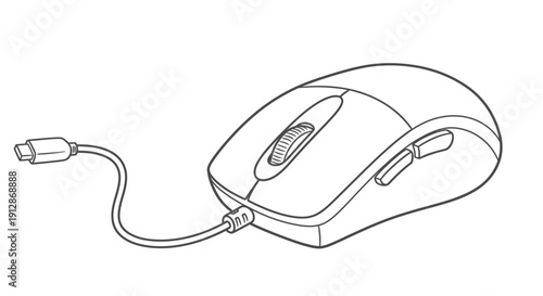 Detailed Line Art Illustration of a Computer Mouse with USB Connector Cable design drawing