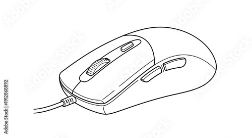 Detailed black and white line drawing of a wired computer mouse on a white background
