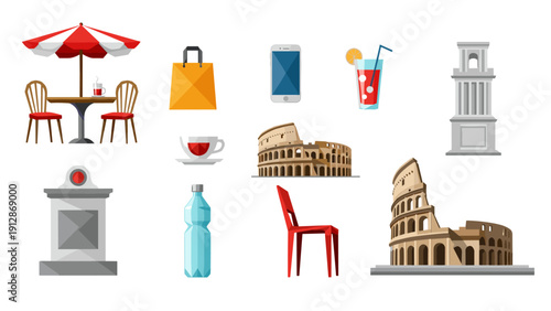 Italian icons and modern elements with classic landmarks and objects