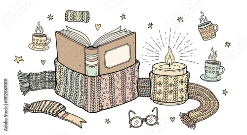 Cozy Winter Illustration with Book Candle Mugs and Scarf Embracing Hygge Warmth