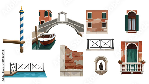 Venetian architecture elements set: iconic bridges, canals, and colorful buildings