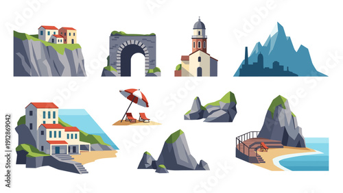 Coastal scenic elements collection featuring mountains, beach houses, and landmarks