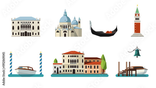 Venice landmarks and gondolas: iconic buildings and watercraft