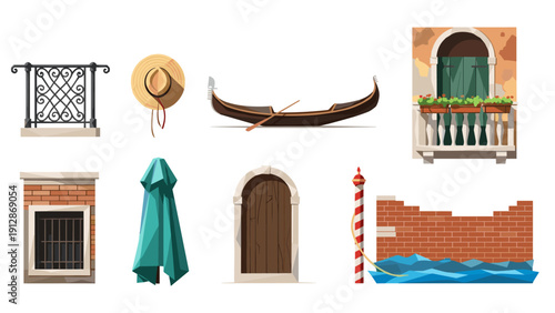 Venetian elements collection: gondola, architecture, and accessories in flat design style