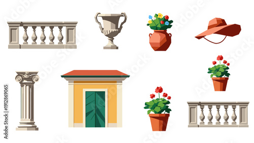 Mediterranean elements: architectural and floral design in flat style