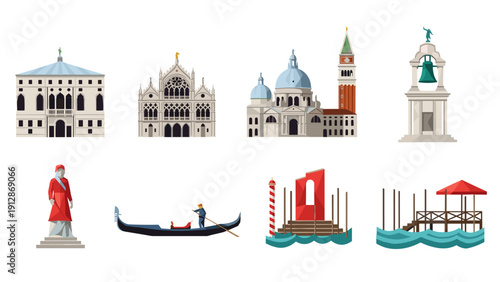 Venice landmarks and icons in flat style: basilica, gondola, campanile