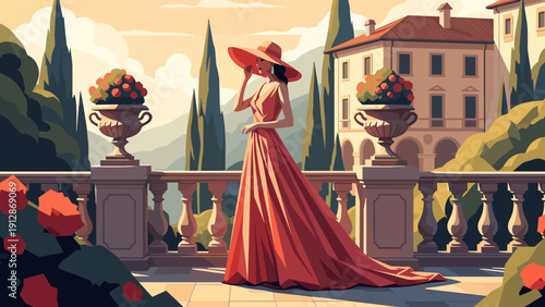 Elegant woman in red dress on italian villa terrace amidst scenic landscape