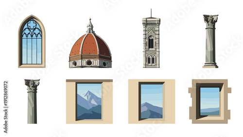 Architectural elements and scenic views in artistic framing
