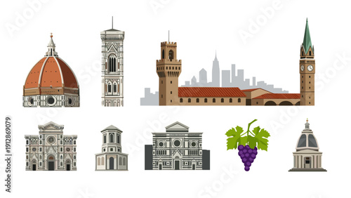 Florence architectural landmarks and symbols: detailed icon set