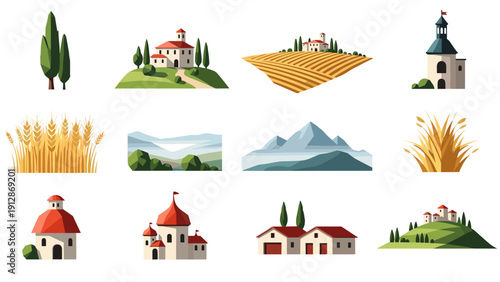 Picturesque rural scenes with rolling hills, charming houses, and lush fields in modern style