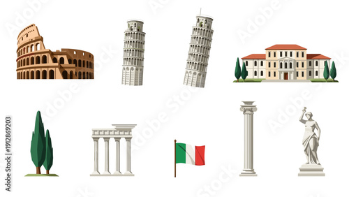 Iconic italian landmarks: colosseum and leaning tower in modern style