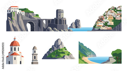 Coastal landscapes and architecture in minimalist flat design