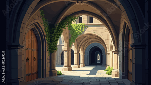 Medieval stone archway with ivy and sunlight in a serene cloister courtyard