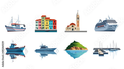 Maritime icons set: boats, buildings, and coastal scenes in vibrant design