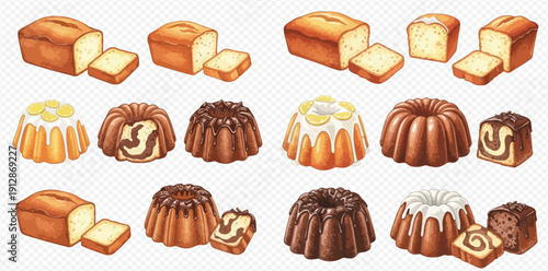 Delicious Assortment of Watercolor Cakes and Loaves with Various Toppings and Flavors.