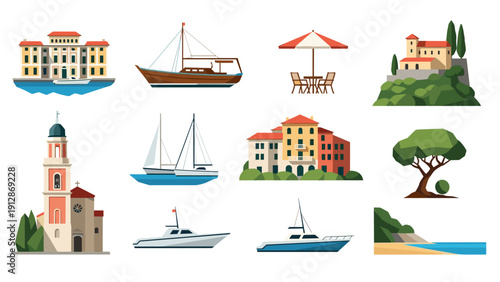 Coastal mediterranean icons featuring boats, buildings, and nature elements in flat design style