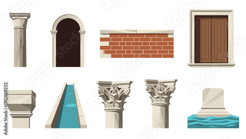 Classical architecture elements collection with columns, brick wall, and wooden window