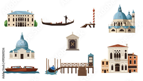 Venetian architecture and boats: flat design collection of iconic landmarks and gondolas