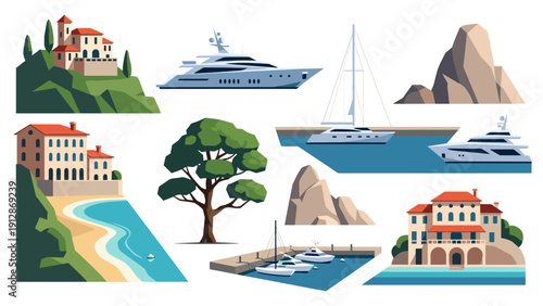 Coastal serenity: nautical scenes with villas, yachts, and landscapes