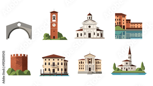 Italian architecture landmarks set featuring churches, towers, and bridges in flat design style