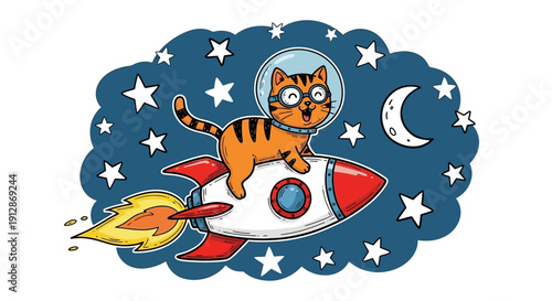 Cartoon cat astronaut riding a rocket through space with stars and a crescent moon