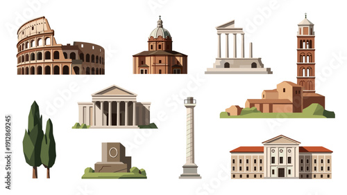 Flat style italian landmarks set: colosseum, pantheon, and towers illustrated