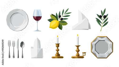 Elegant dining elements with origami style napkins and geometric tableware