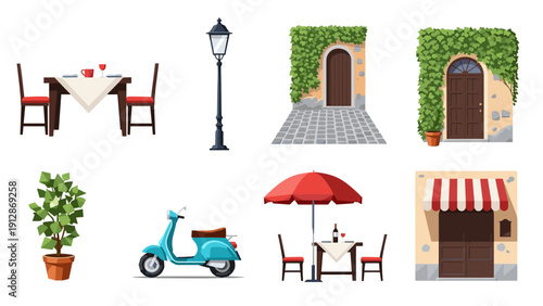 Charming european street elements with outdoor cafe and vintage scooter